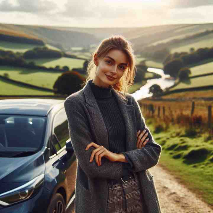 A female motorist stands confidently beside her car in the English countryside, showcasing comprehensive car insurance.