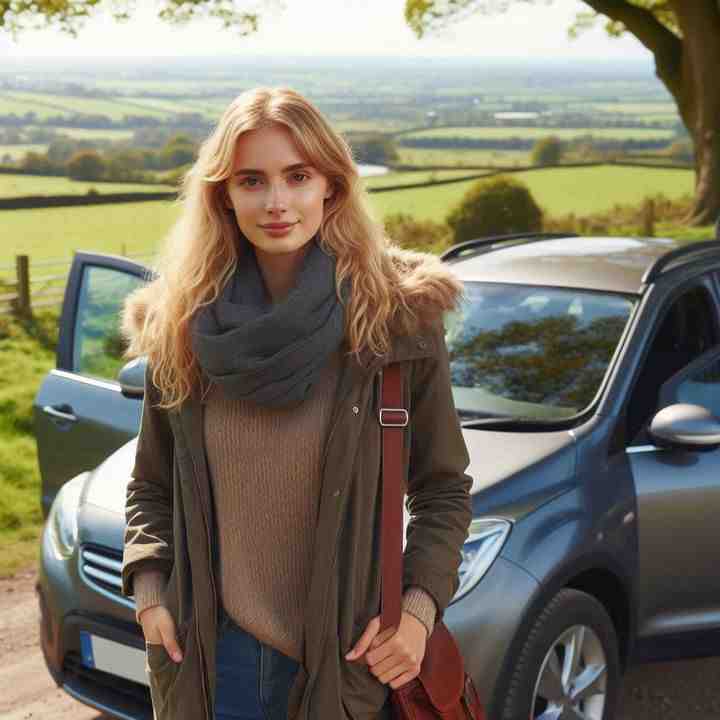 A female motorist near a stone bridge and her vehicle, highlighting the benefits of rural car insurance.