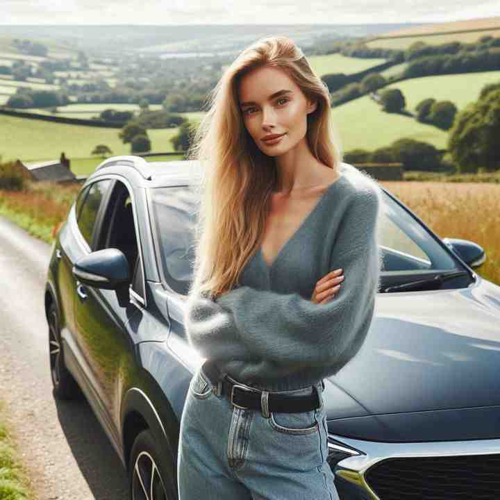 By her car parked near a vibrant wildflower meadow, a woman highlights comprehensive seasonal cover.