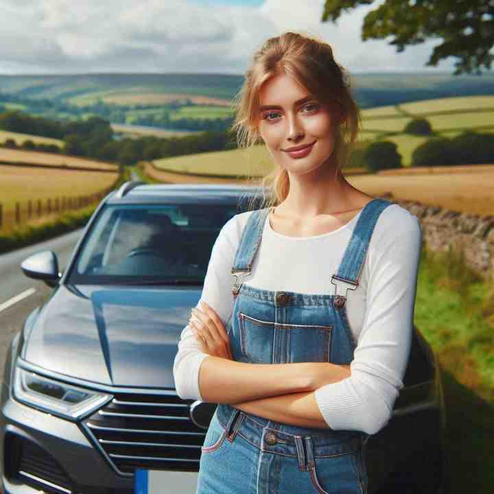 By her car near a charming countryside pub, a female motorist demonstrates the benefits of tailored vehicle insurance.