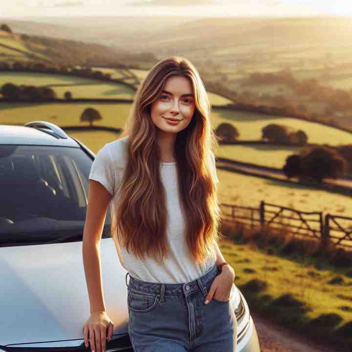 Standing confidently by her car in a peaceful meadow, a female driver showcases seasonal insurance benefits.