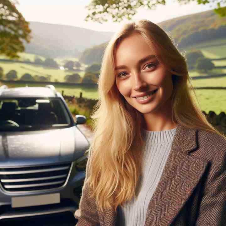 Standing beside her car in a vibrant sunflower field, a woman highlights the advantages of multi-car insurance.