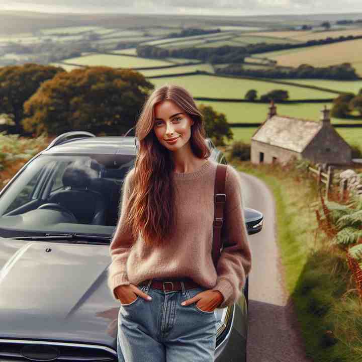 Leaning on her vehicle in front of a historic stone barn, a woman highlights the importance of rural-specific coverage.