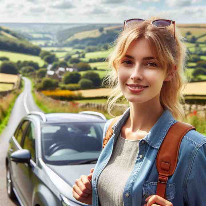 Standing proudly in front of her car in a woodland clearing, a woman highlights premium insurance options.