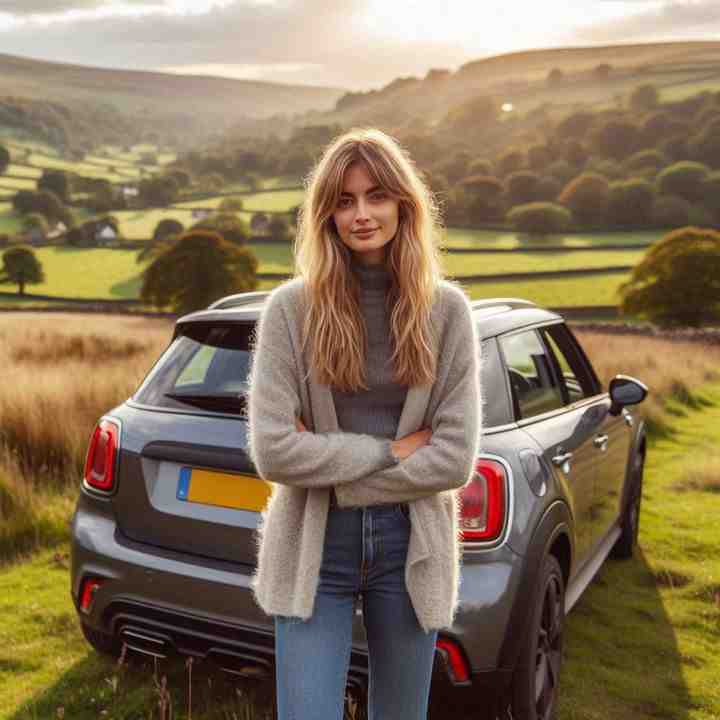 A woman enjoying the countryside near her parked car, demonstrating the importance of reliable motor insurance.