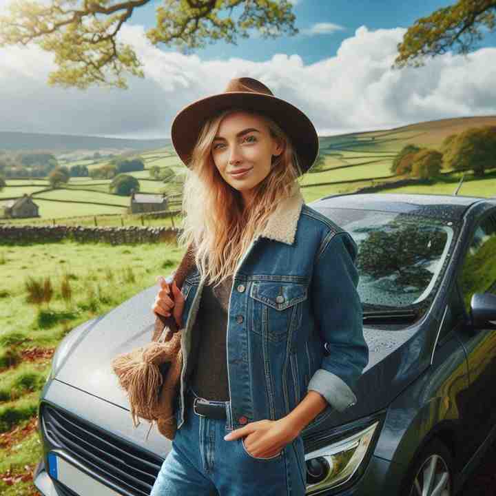 Standing beside her vehicle in a rolling hillside, a female motorist highlights tailored seasonal insurance.