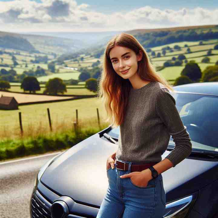 By her car on a stone bridge with rolling hills in the background, a woman showcases multi-driver insurance.