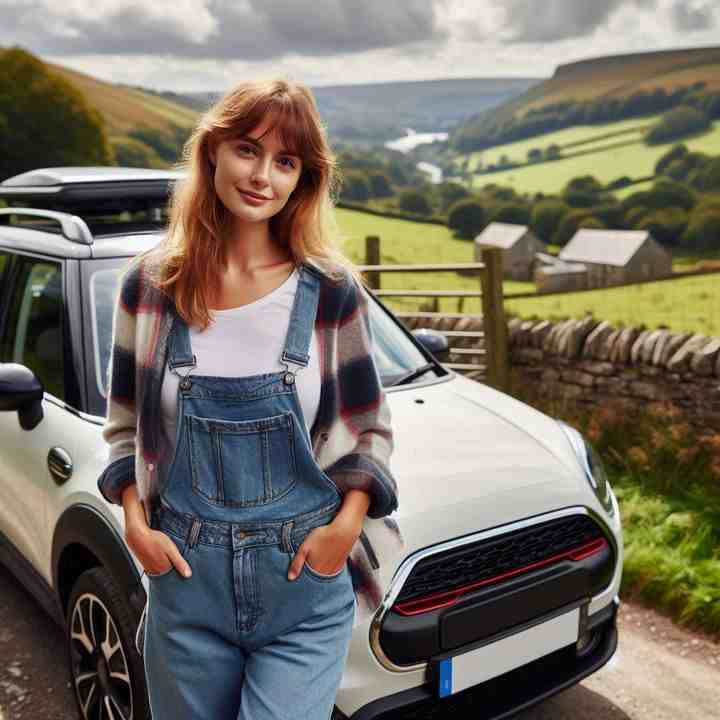 By her vehicle parked near a quaint tearoom, a woman demonstrates tailored rural insurance.