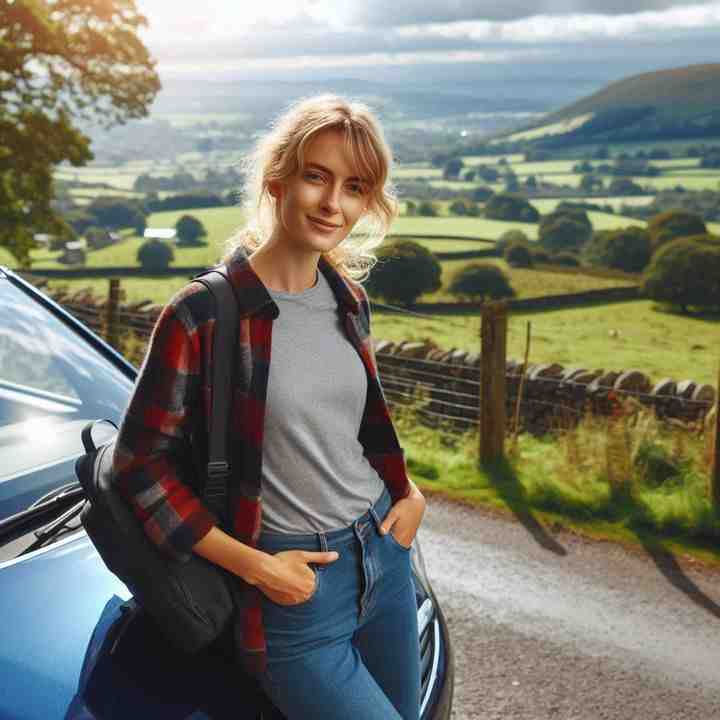 By her car near a rolling hillside at sunset, a female motorist showcases multi-car insurance benefits.