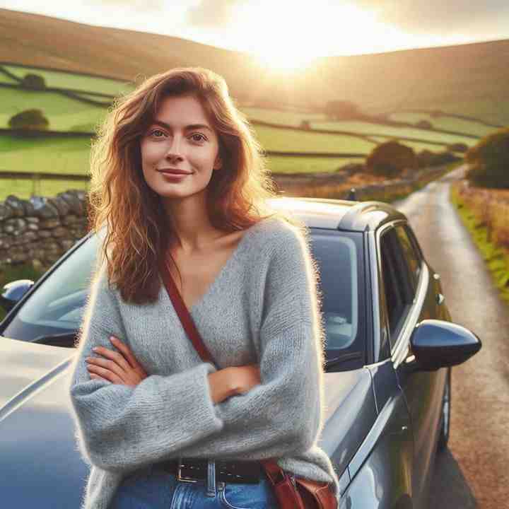 By her vehicle near a charming country inn, a woman highlights tailored seasonal motor insurance.