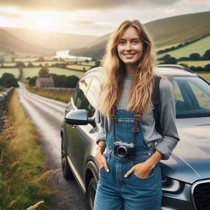 By her car parked near a quiet village green, a female motorist highlights the importance of peace of mind insurance.