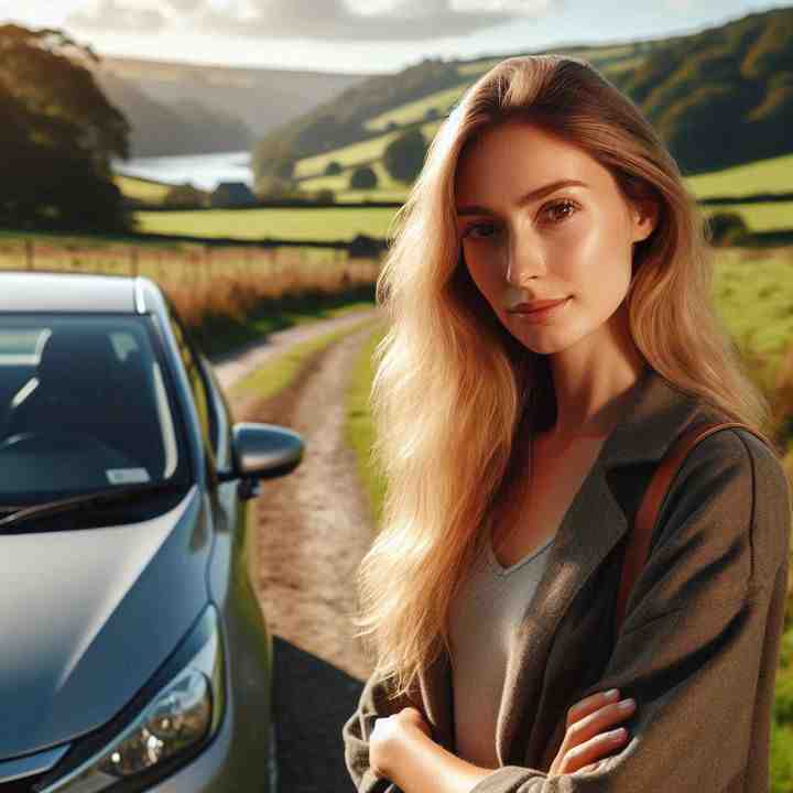 Standing near her car in a misty woodland clearing, a female motorist showcases seasonal car insurance benefits.