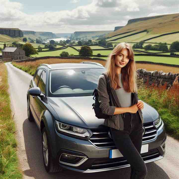 Leaning on her car near grazing sheep, a woman highlights tailored insurance coverage for countryside driving.