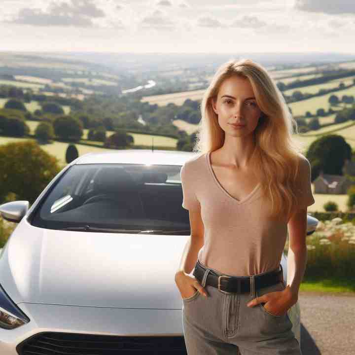 Standing confidently in front of her car near rolling fields, a woman showcases the importance of tailored insurance.