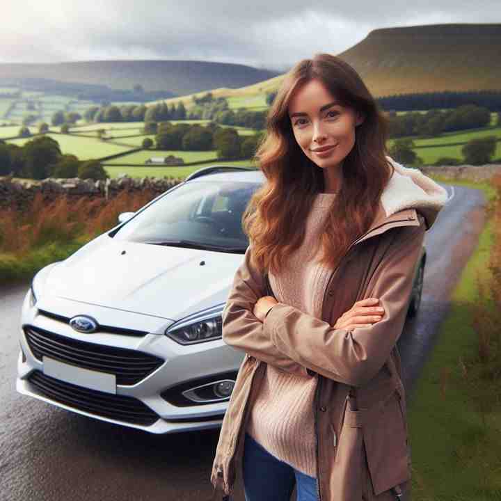 Standing near her car with a breathtaking valley view, a female motorist showcases peace of mind insurance coverage.