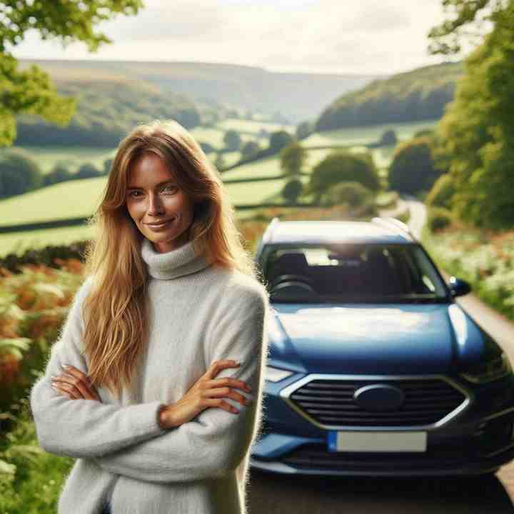 Leaning casually on her car near a vibrant sunflower field, a woman highlights seasonal driving insurance options.