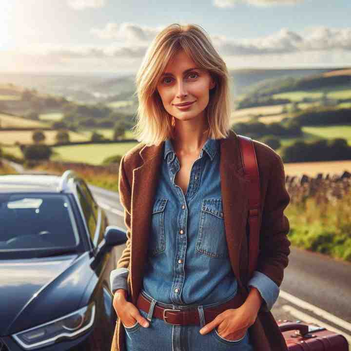 Leaning on her car in front of a cosy countryside pub, a female motorist demonstrates tailored multi-car insurance.