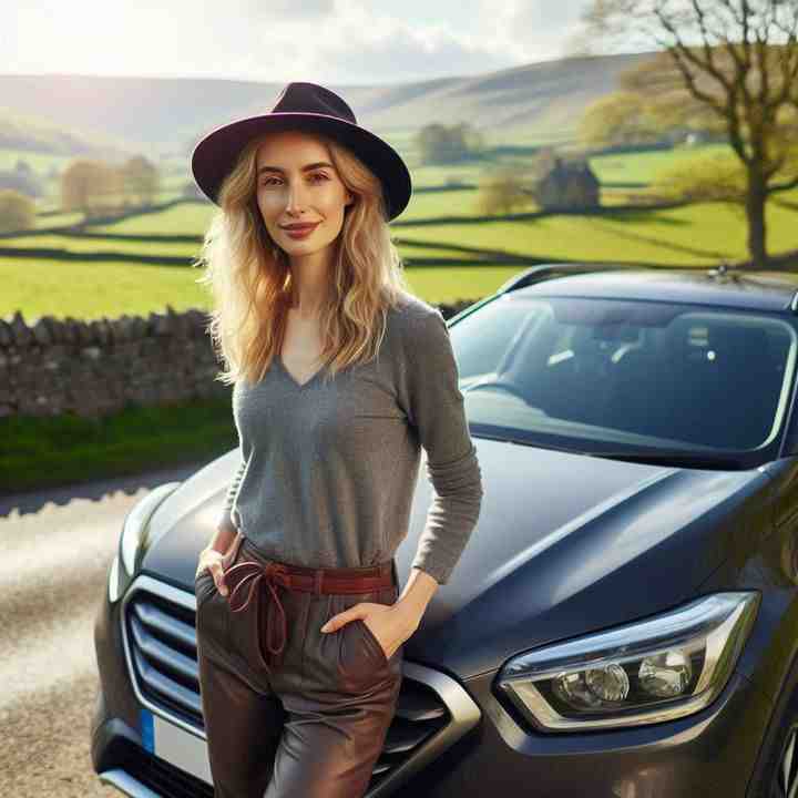 By her car parked in front of a historic windmill, a woman showcases comprehensive rural-specific cover.