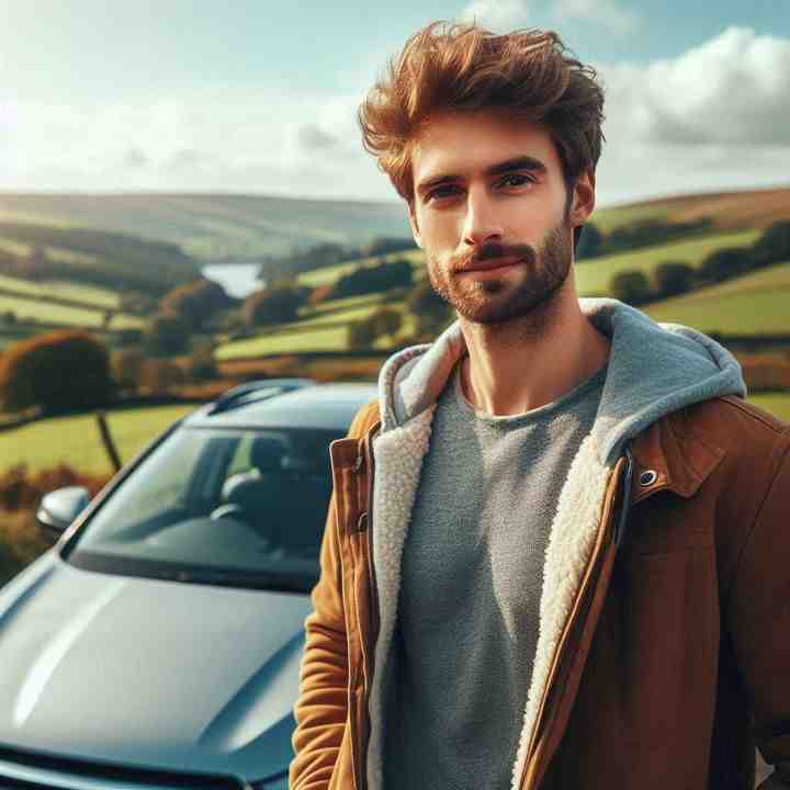 A motorist stands proudly in front of a modern car in the English countryside, highlighting comprehensive car insurance.