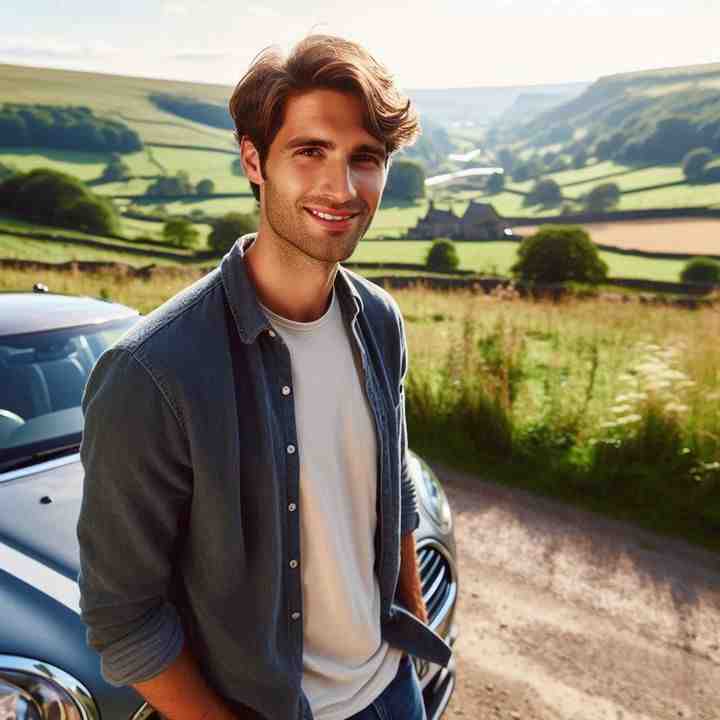 A motorist near a canal towpath with his car, showcasing tailored insurance options.