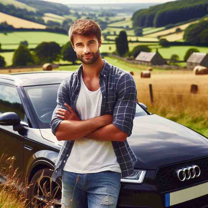 Standing beside a parked car on a country lane, the motorist highlights cost-effective insurance.