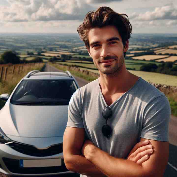 A driver poses beside his car on a stone bridge, showcasing tailored vehicle insurance.