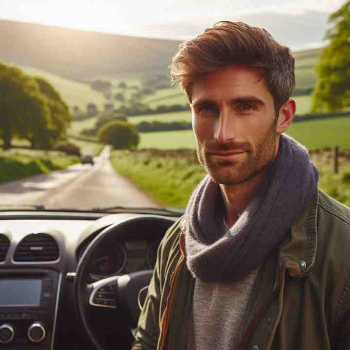 A motorist leans on his car near a quiet countryside stream, insured for peaceful drives.