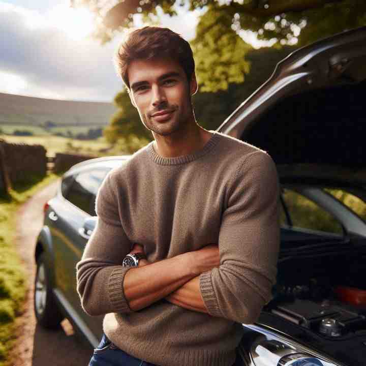 By a scenic lake, a motorist poses with his car, insured for scenic road trips.