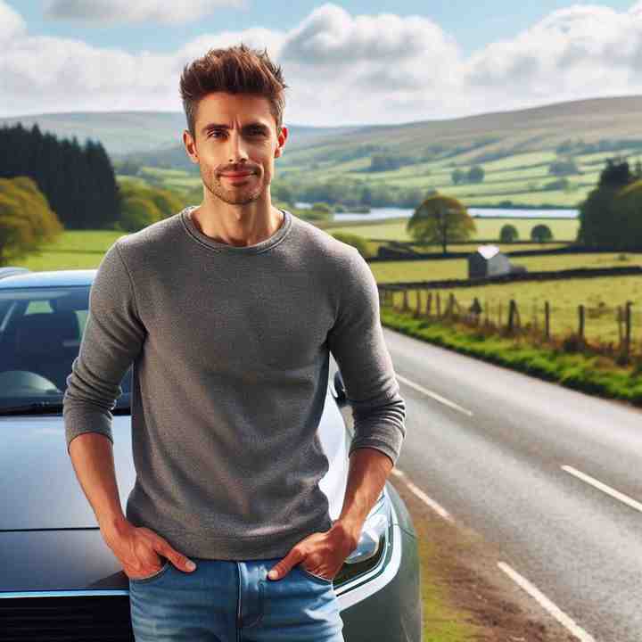 Standing beside a modern car on a hilltop, a motorist enjoys the benefits of rural insurance.