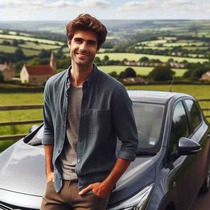 Leaning on his car by a stone church, a driver showcases family-oriented car insurance.