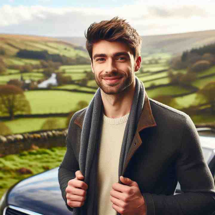 A person stands confidently by a sleek car in the countryside, emphasising peace of mind with motor insurance.