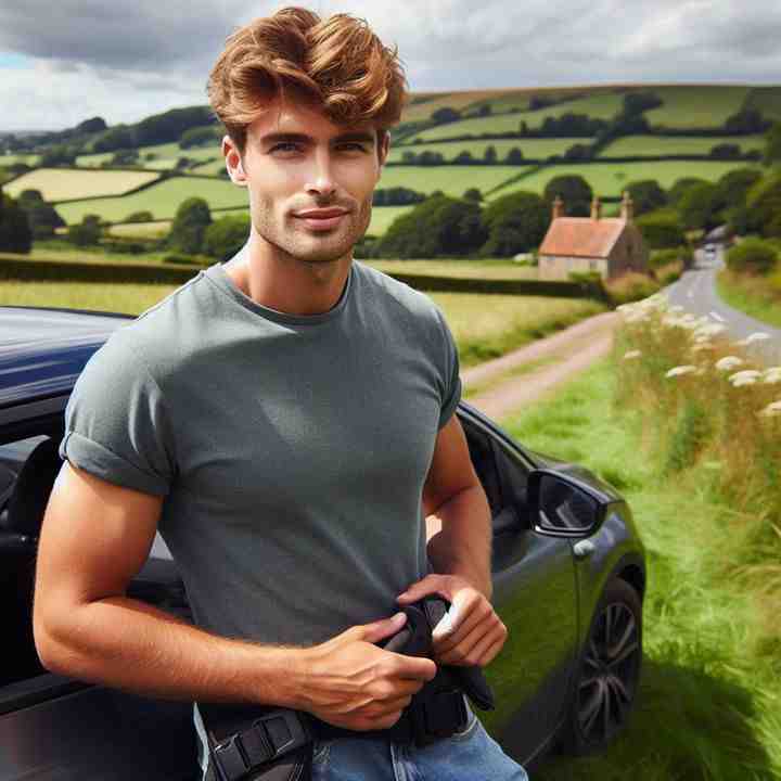 A motorist and his car near an ancient stone bridge, secured with collision cover.