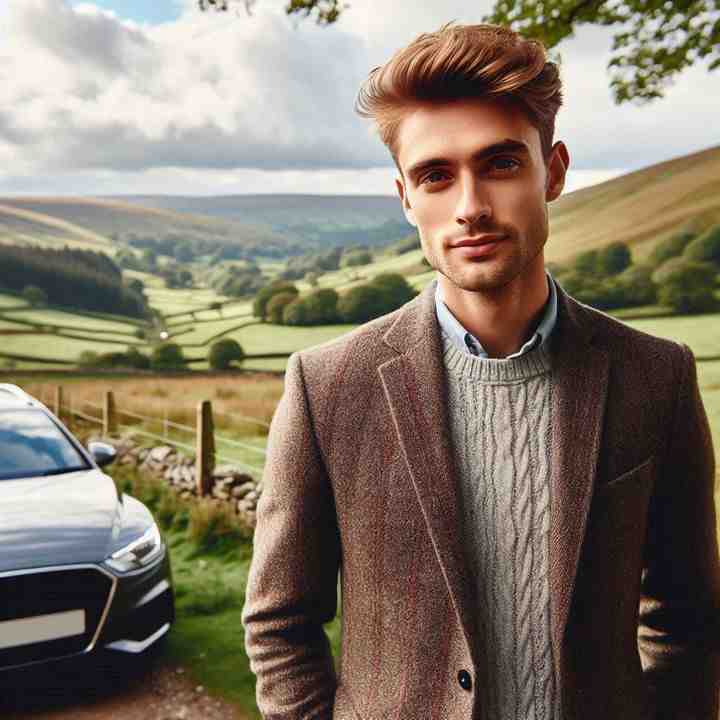 A motorist leans against his car near a tranquil valley, showcasing reliable cover.