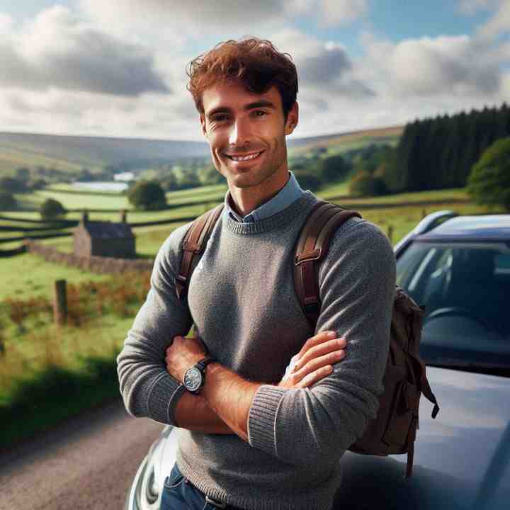 Leaning on his vehicle near golden fields, a motorist highlights seasonal insurance options.