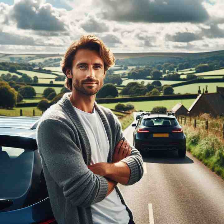 A motorist by his vehicle on a quiet trail, insured for rural and urban driving alike.