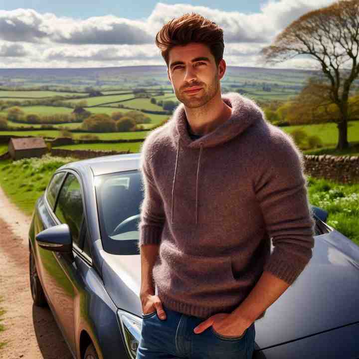 A driver near his vehicle with rolling hills in the distance, insured for long-distance driving.